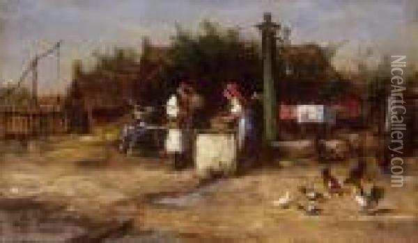 Village Yard Oil Painting - Lajos Bruck