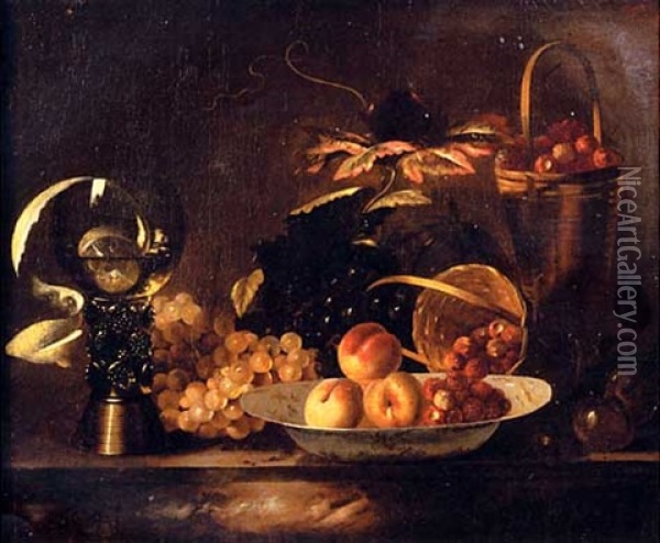 Peaches And Raspberries On A Dish, With Grapes, A Roemer, A Partly-peeled Lemon And A Basket On A Marble Ledge Oil Painting - Barend van der Meer