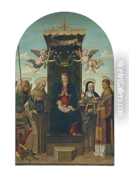 The Madonna And Child Enthroned, With Saints Michael, Bernardino Of Siena, Clare And Stephen, Two Angels Holding A Crown With Lilies Above Oil Painting -  Macrino d'Alba