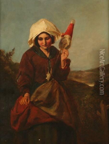 Girl Spinning Wool With Distaff Oil Painting - Frederick Goodall