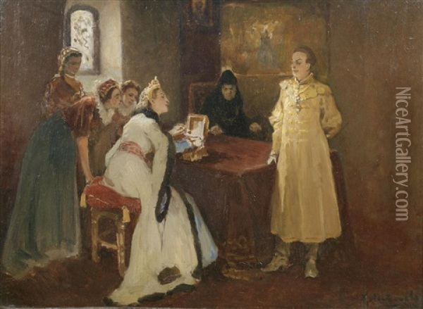 Xenia Godunova And False Dmitrii Oil Painting - Klavdiy Vasilievich Lebedev