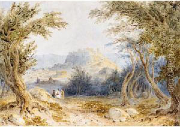 Figures In A Woodland, A View Of Athens Beyond Oil Painting - William Page