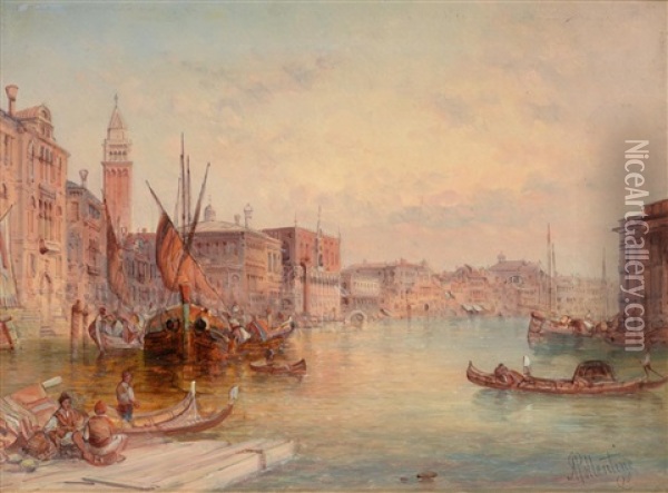 Venetian Scene With Gondolas And Other Shipping Oil Painting - Alfred Pollentine