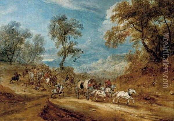 A Wooded Landscape With Highwaymen Ambushing A Carriage On A Track Oil Painting - Adam Frans van der Meulen