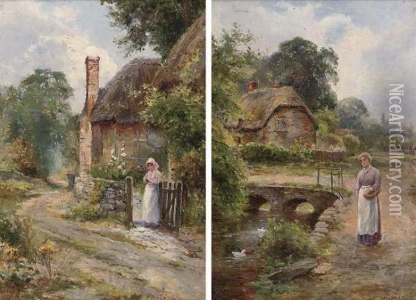 At The Cottage Gate; And Beside The Duck Pond Oil Painting - Ernst Walbourn