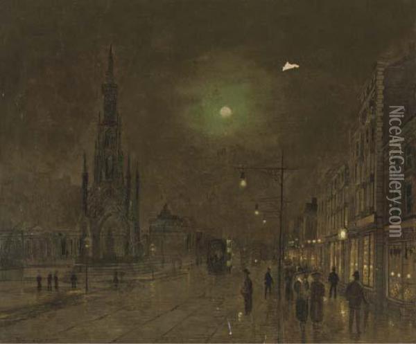 The Scott Memorial And Princes's Street, Edinburgh At Night Oil Painting - John Atkinson Grimshaw