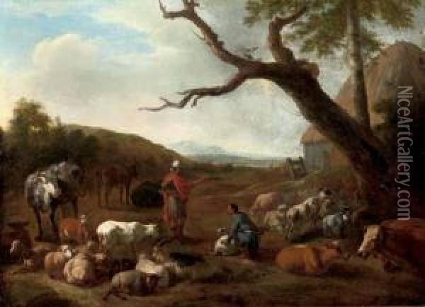 An Italianate Wooded Landscape With The Departure Of Jacob And Laban Oil Painting - Jan van der Meer
