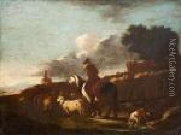 Paesaggio Con Pastore A Cavallo E Armenti Oil Painting - Philipp Peter Roos