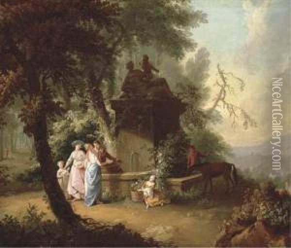 An Extensive Landscape With Elegant Company By A Fountain In A Wooded Glade Oil Painting - William Delacour