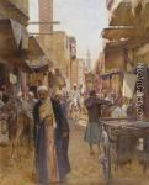 Oriental Street Scene. Oil Painting - Otto Pilny