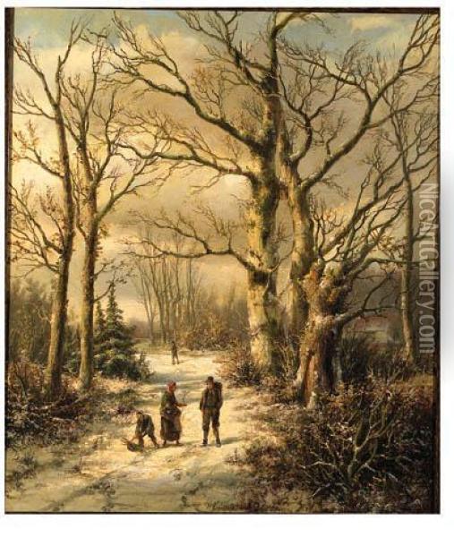 Woodgatherers In A Winter Forest Oil Painting - Hendrik Pieter Koekkoek