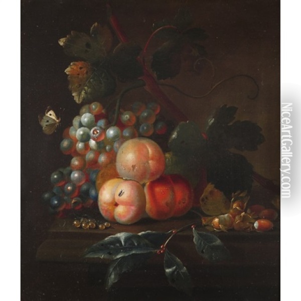 Still Life Of Peaches, Cob Nuts, Currants Grapes, A Butterfly And Insect On A Shelf Oil Painting - Jakob Bogdani