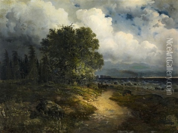 Uferlandschaft Am Genfersee (vom Nordufer Aus Gesehen) Bei Aufziehendem Gewitter Oil Painting - Alexandre Calame