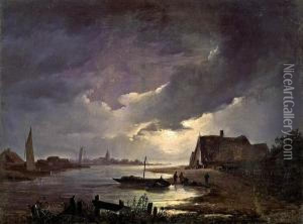 Nachtliche Flusslandschaft * Oil Painting - Remigius Adriannus van Haanen