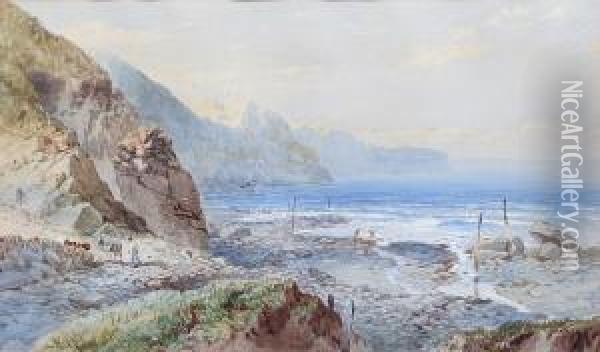 Travellers Overlooking A Cove; Figures On A Rocky Shore Oil Painting - William Henry Pike