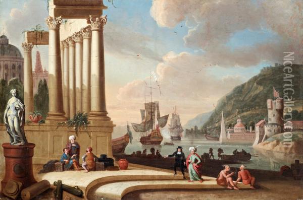 Oriental Port With Merchants Oil Painting - Johann Eismann