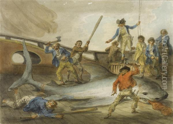 The Catching Of A Shark Oil Painting - Julius Caesar Ibbetson