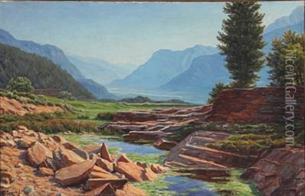 Mountain Landscape, Presumably From The Alps Oil Painting - Henrik Gamst Jespersen