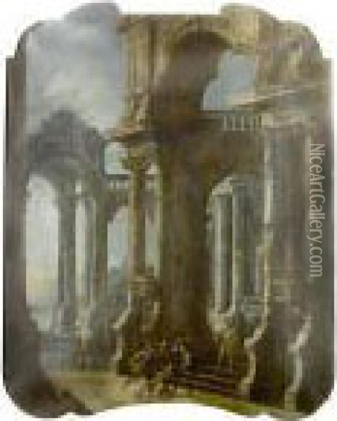 An Architectural 
Capriccio 
 Of The Interior Of A Palace With The Mocking Of Christ Oil Painting - Stefano Orlandi