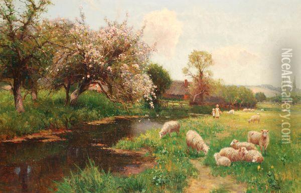 Children And Sheep On A River Bank Oil Painting - Ernst Walbourn