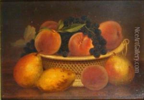 Pears, Peaches And Grapes In A Woven Basket Oil Painting - John Francis