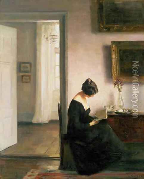 Woman Reading in an Interior Oil Painting - Carl Vilhelm Holsoe