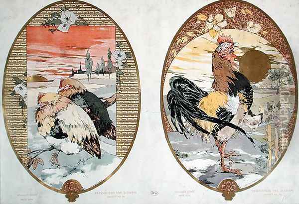 Cock and chickens design for a screen Oil Painting - Jules Auguste Habert-Dys