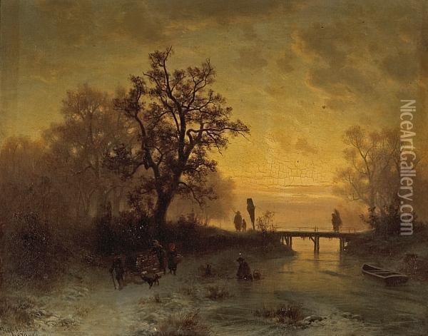 A Winter Landscape At Sunset Withfigures Oil Painting - Heinrich Hofer
