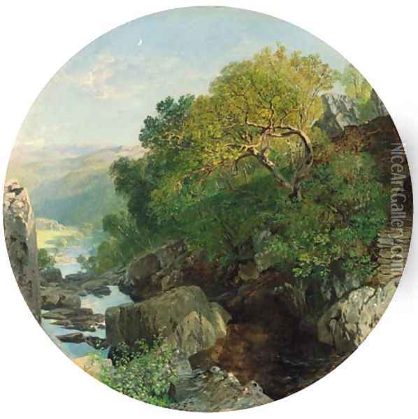 A sunlit wooded river valley Oil Painting - Alfred William Hunt