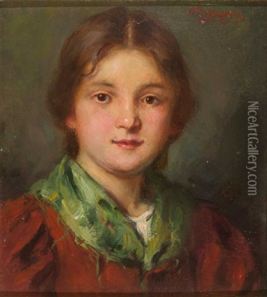 Portrait Eines Dirndls Mit Grunem Halstuch Oil Painting - Franz Von Defregger