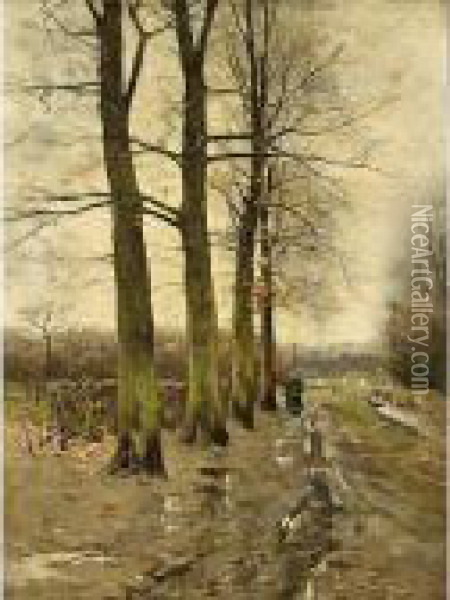 A Woman On A Path In A Forest Landscape Oil Painting - Louis Willem Van Soest