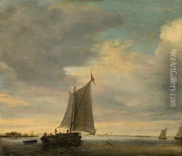 Dutch Inland Waters, Presumably The Wijkermeer, With A 'veerkaag' Ship Oil Painting - Salomon van Ruysdael