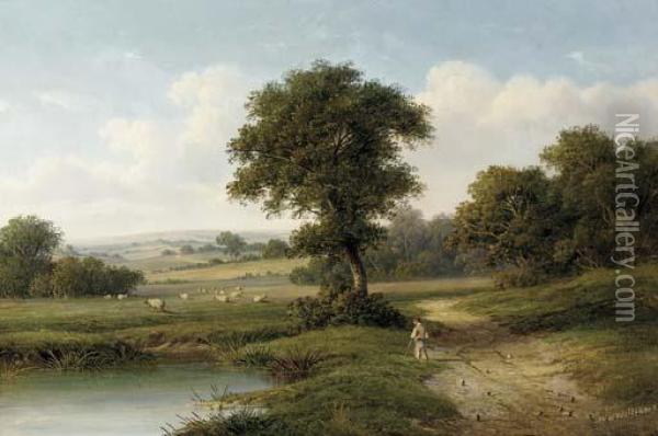 A Shepherd By A Pond In A Wooded Landscape Oil Painting - Walter Williams