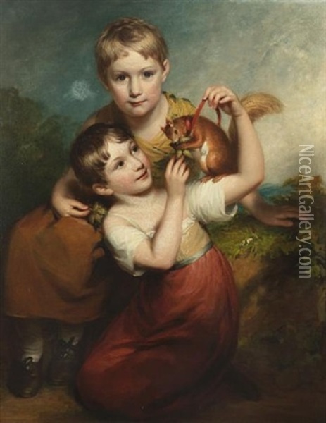 Two Young Boys Playing With A Red Squirrel Oil Painting - William Owen