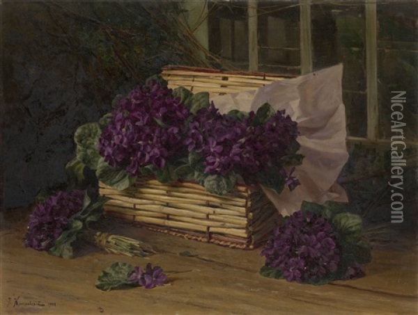 Still Life With Violets Oil Painting - Iosif Evstafevich Krachkovsky