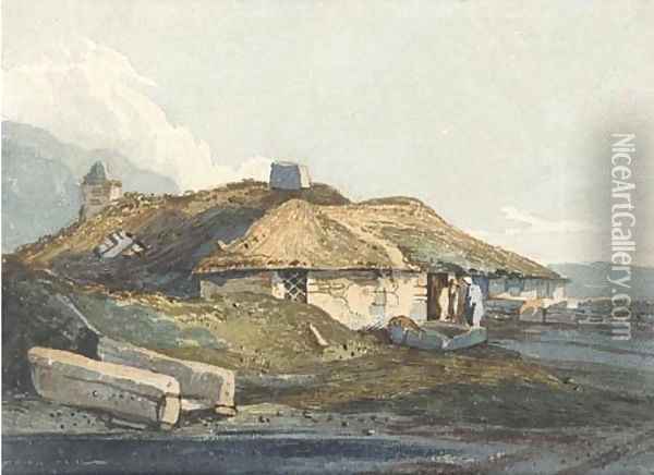 Figures before a thatched cottage, Devon Oil Painting - Samuel Prout