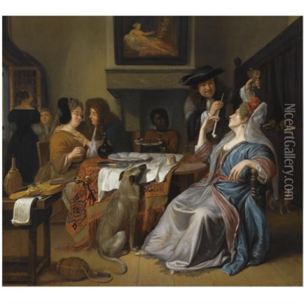 An Elegant Company In An Interior Drinking And Smoking, With A Violin And A Music Book On A Table In The Foreground Oil Painting - Mathijs Wulfraet