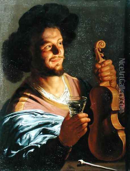 Man with a Fiddle and Glass in Hand Oil Painting - Matthias Stomer