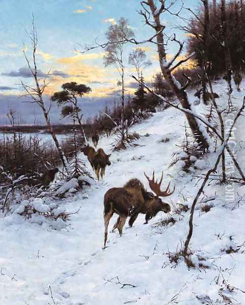 Moose in a winter landscape Oil Painting - Richard Friese