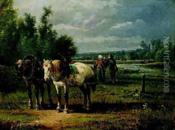 Bauernfamilie Mit Zwei Zugpferden Am Flussufer. Oil Painting - Jules Jacques Veyrassat