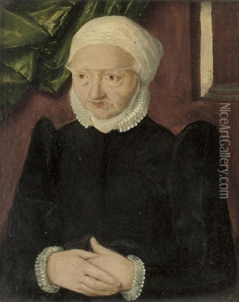 Portrait Of An Old Woman In A Black Dress Oil Painting - Christoph Amberger
