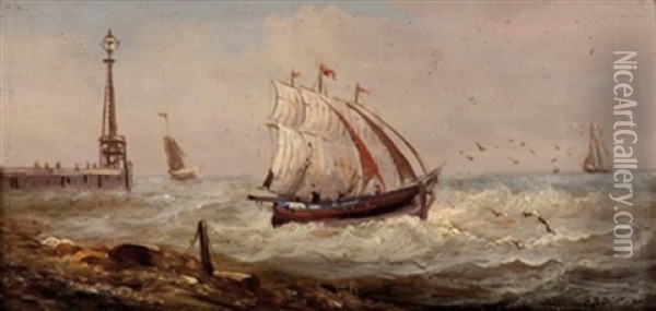 Segelschiffe In Kustennahe Auf Unruhiger See Oil Painting - Josef Karl Berthold Puettner