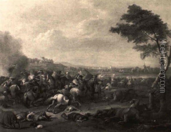 A Cavalry Skirmish By A Lake Oil Painting - Karel Breydel
