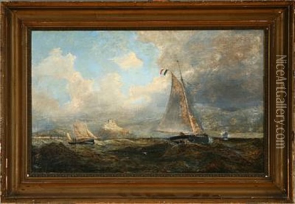 Marine With Sailing Ships Passing A Rocky Coast In Southern Europe Oil Painting - Carl Julius Emil Olsen