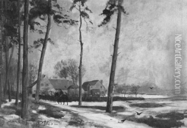 Gutshof In Winterlandschaft Mit Reiter Oil Painting - Erich Friedrich Karl Mattschass