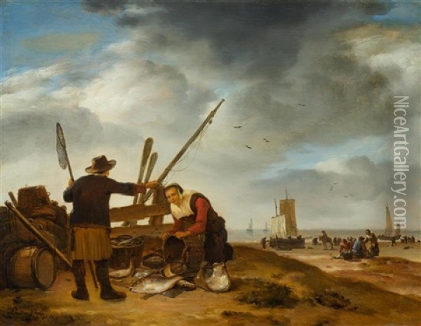 A Fish Seller On The Beach Of Scheveningen Oil Painting - Egbert Lievensz van der Poel