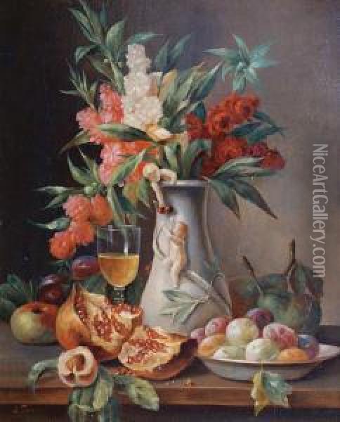 A Still Life With Flowers And Pomegranate Oil Painting - G. Tomassi