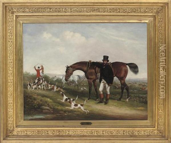 A Gentleman With His Hunter, A Hunt Beyond, In An Extensive Landscape Oil Painting - Friedrich Wilhelm Keyl