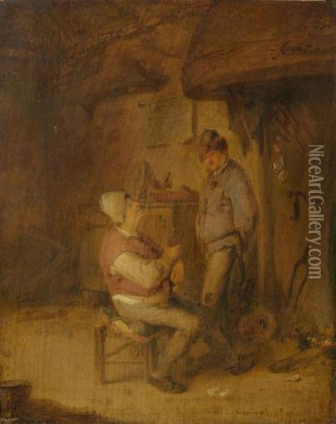 Two Men Conversing At The Fireside. 16(4)2 Oil Painting - Adriaen Jansz. Van Ostade