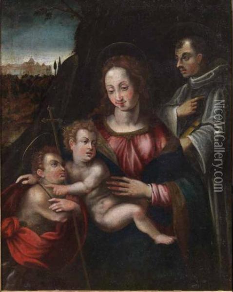 Madonna Con Bambino, San Giovannino E 
 Un Santo Oil Painting - Francesco Brini Active Florence